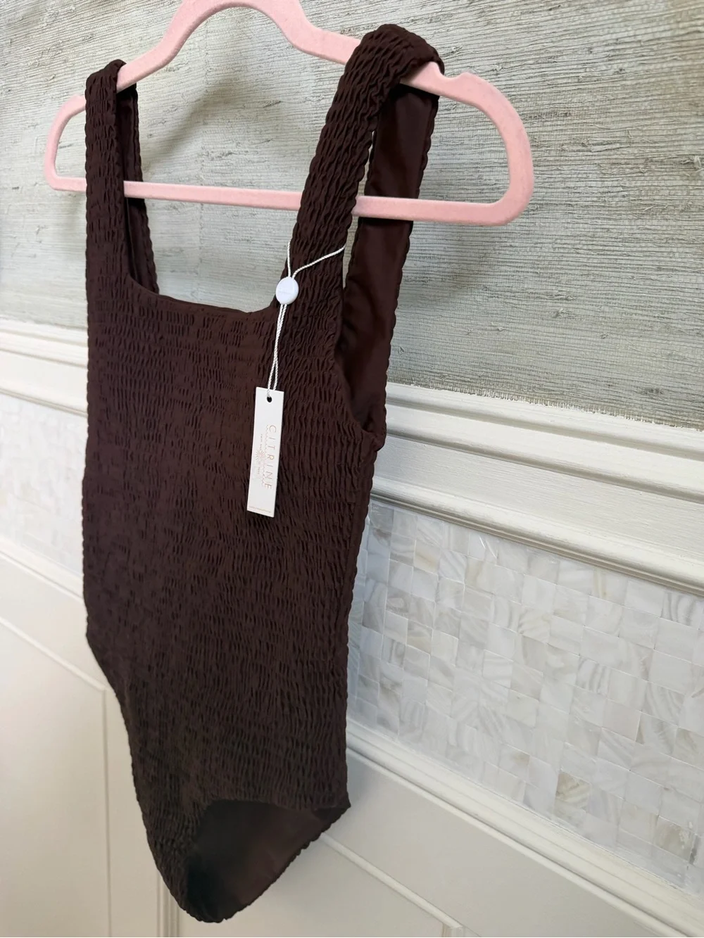 NWT new small free people citrine Jenni smocked swimsuit one piece smocked brown